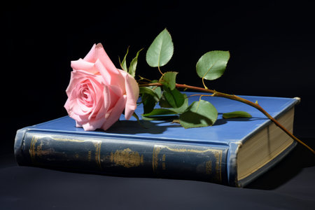 Harmony in Contrast: A Pink Rose Blossom Amidst a Sea of Blue Hardbound Booksの素材