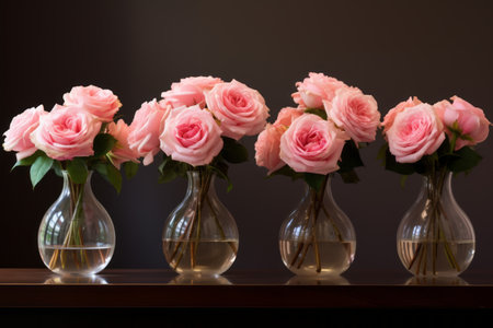 Blooming Elegance: Pink Roses Gracefully Enchant in Clear Glass Vases - AR 3:2の素材