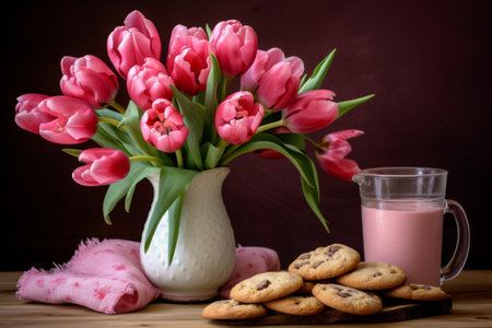 Sugar-Coated Delights: Pink Tulips in Vase Complement Scrumptious Cookiesの素材