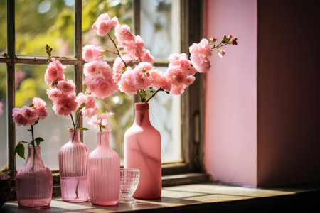 Blooming Beauty: Serene Potted Flowers Adorn Window with Bottles --ar 3:2の素材