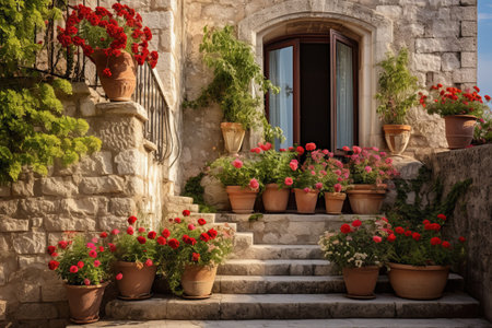 Enchanting Oasis: Lush Potted Plants and Vibrant Blooming Flowers Adorning the Balcony of a Stone Hoの素材