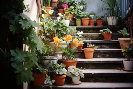 Blooming Beauties: Potted Plants with Flowers Adorned on Stairs--ar 3:2の素材