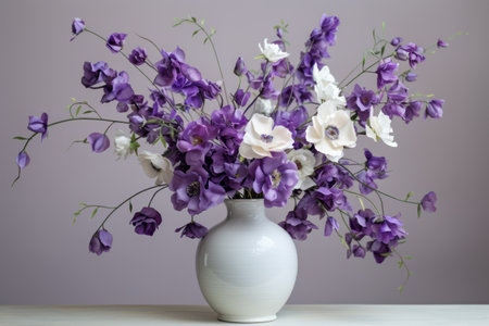 Elegant Harmony: A Beautiful Display of Purple and White Flowers in a White Ceramic Vaseの素材