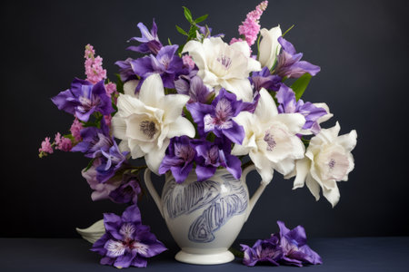 Blooming Elegance: A Harmonious Display of Purple and White Flowers in a White Ceramic Vaseの素材