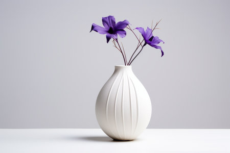 Elegant Display: Captivating Purple Flower on White Ceramic Vase Accentuates the Space --ar 3:2の素材
