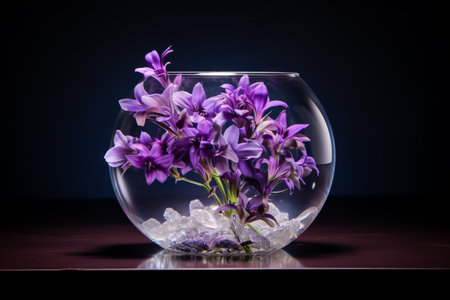 Vibrant Blooms: Captivating Purple Flowers Set in a Clear Glass Fish Bowl [AR 3:2]の素材