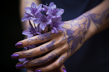 Vibrant Blooms: The Allure of Purple Flowers Captured on a Handの素材