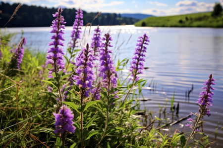Mesmerizing Purple Wildflowers Gracefully Enliven Riverside Scenery -- ar 3:2の素材