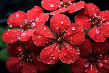 Drenched in Beauty: Captivating Red 5-Petal Flowers Adorned with Water Droplets - AR 3:2の素材