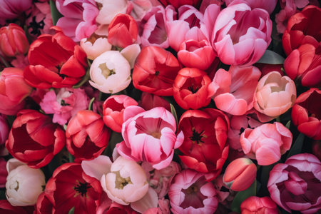 Blooming Symphony: Vibrant Red and Pink Tulip Lot --ar 3:2の素材