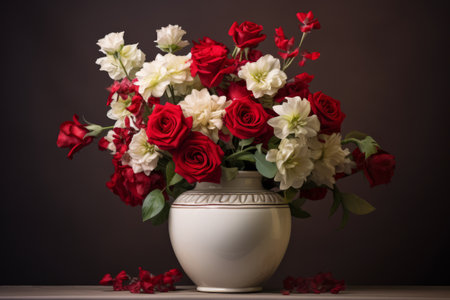 Blooming Elegance: A Captivating Display of Red and White Flowers in a White Ceramic Vase - AR 3:2の素材