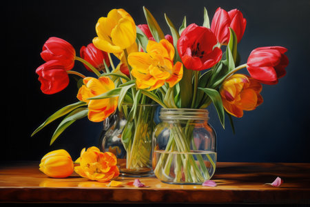 Blooming Harmony: A Captivating Still Life of Red and Yellow Tulips in Clear Glass Jar and Vase - ARの素材