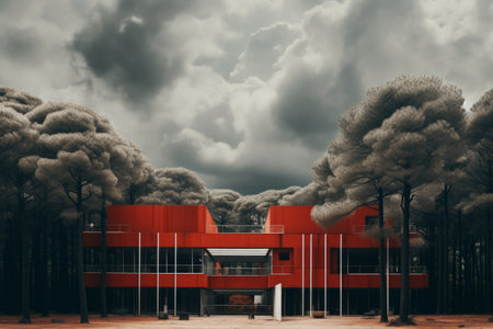 Harmony Amidst Nature: Exploring a Striking Red, Black, and White Architecture Enveloped by Lush Treの素材