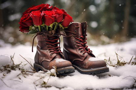 Contrasting Splendor: Crimson Blossoms Adorn Snow-Blanketed Brown Leather Bootsの素材