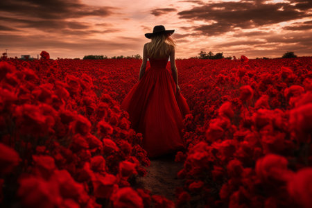 Vibrant Ruby Blossoms against Azure Skies: Captivating Scenes of Red Flower Fields --ar 3:2の素材