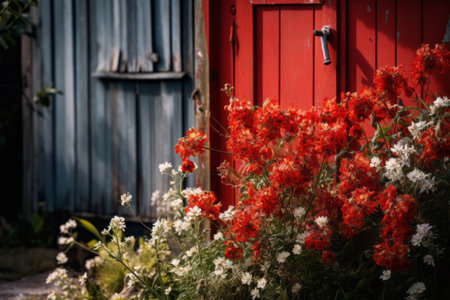 Crimson Blossoms by the Shed: The Artistic Perspective in 3:2 Aspect Ratioの素材