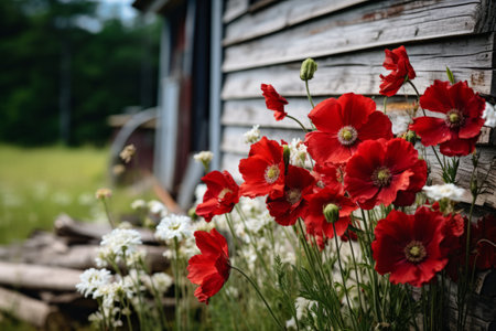 Crimson Splendor Adorning the Rustic Shed -- Artistic Rendition in 3:2 Aspect Ratioの素材