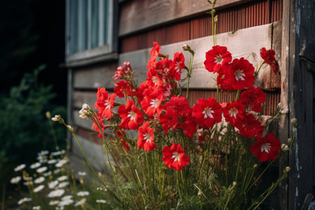 Crimson Blooms Adorn the Rustic Shed - AR 3:2の素材