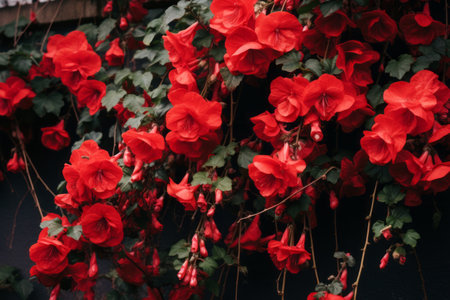 Blooming Splendor: A Study of Vibrant Red Flowers on a Climbing Plantの素材