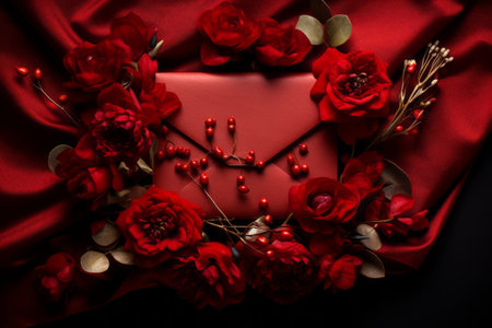 The Enchanting Contrast: Red Flowers Blossom on Red Envelope--ar 3:2の素材