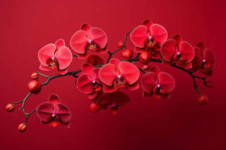 Captivating Red Orchid Blossoms Blooming Against a Vibrant Red Backdrop --AR 3:2の素材