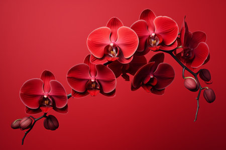 Crimson Harmony: A Captivating Display of Red Orchid Flowers on a Vibrant Red Background - AR 3:2の素材