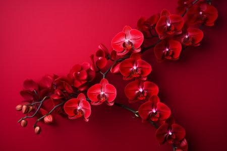 Vivid Red Orchid Flowers Blossoming against a Striking Red Background --ar 3:2の素材
