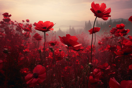 Crimson Blossoms: A Captivating Daytime View of a Red Petaled Flower Fieldの素材