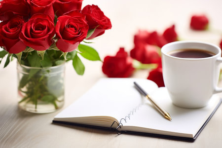 The Perfect Pairing: A Delightful Bouquet of Red Roses, a Spring Book, and a Cup of Coffee!の素材