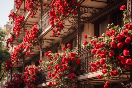 Blooming Beauty: Red Roses Adorn Balconies in a 3:2 Artistic Displayの素材