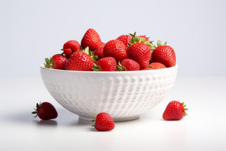 Fruity Delight: Vibrant Red Strawberry and Raspberry Captured in a White Ceramic Bowl --ar 3:2の素材