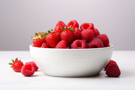 Burst of Sweetness: Vibrant Red Strawberry and Raspberry Showcase on White Ceramic Bowl --ar 3:2の素材