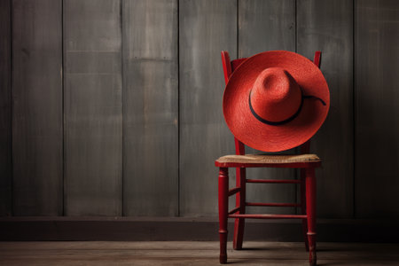 The Vibrant Pop of a Red Summer Hat on a Serene Gray Wooden Chairの素材