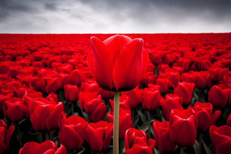 Crimson Splendor: Captivating a 3:2 Perspective of a Red Tulip Fieldの素材