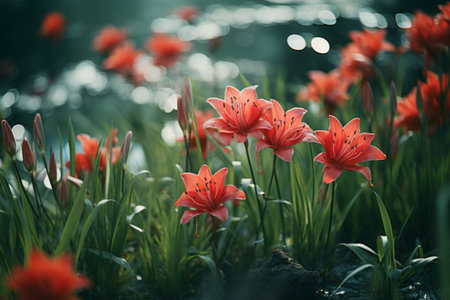 Vibrant Red-Petaled Flowers with Lush Green Grass - A Picture Perfect Harmony in 3:2 Aspect Ratioの素材