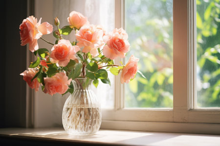 Captivating Floral Display: Roses in Vase Elegantly Adorned on a Windowsill --ar 3:2の素材