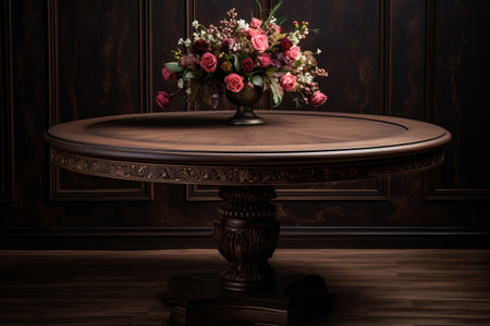 Blooming Elegance: A Round Brown Table Adorned with Flowersの素材