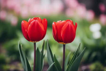 A Captivating Snapshot: Exquisite Red Tulips in Full Bloom Under Selective Focus --ar 3:2の素材