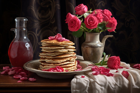 Aesthetic Delights: Pancakes and Roses Gracefully Captured --ar 3:2の素材