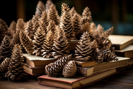 Natures Library: A Captivating Composition - Dried Pine Cones Perched atop Booksの素材