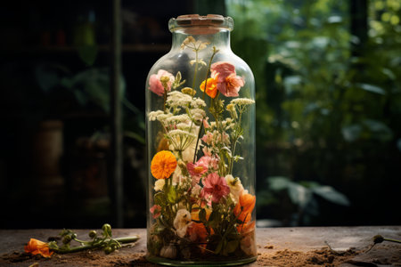 Blooming Bliss: Captivating Bouquet of Flowers Encased in a Bottle --ar 3:2 Photographyの素材