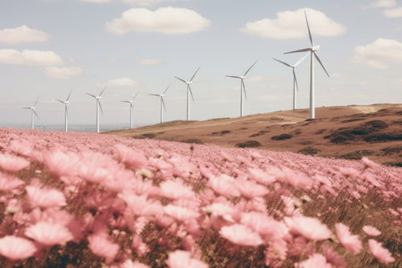 Harmony in the Modern Landscape: Pink Petaled Flowers Embrace the Wind Turbine - AR 3:2の素材