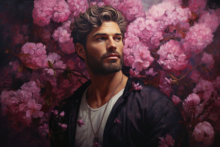 Blooming Masculinity: Capturing a Handsome Man amidst Purple and Pink Floral Splendorの素材
