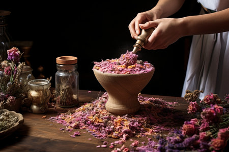 Pounding Dried Flowers: Unlocking the Aromas with Mortar and Pestle --ar 3:2の素材