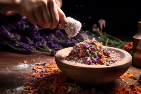 Unleashing the Fragrant Essence: Pounding Dried Flowers with Mortar and Pestle --ar 3:2の素材
