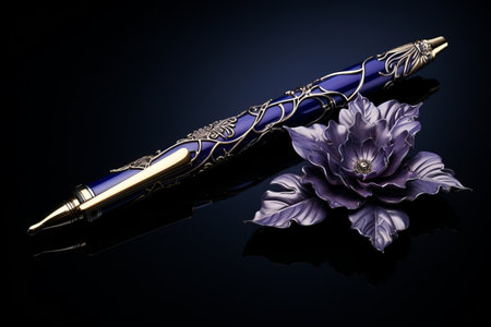Elegance Unleashed: The Majestic Purple-Petaled Glower Beside Pen --ar 3:2の素材