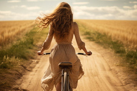 Glimpse of Elegance: Capturing a Womans Rear View in a Dress with Bicycle --ar 3:2の素材
