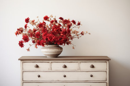 Blooming Elegance: Red Flower Centerpiece Adorns White Wooden Drawer Dresserの素材