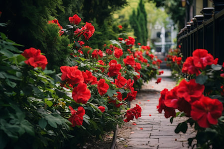 The Enchanting Pathway: Vibrant Red Flowers Amongst Lush Green Plantsの素材