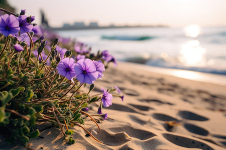 Beachside Bliss: Stunning Purple Flowers Blossom in Selective Focus--AR 3:2の素材